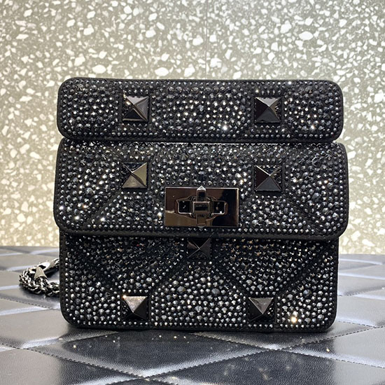 Valentino Small Rhinestones Roman Stud Bag Black V2299