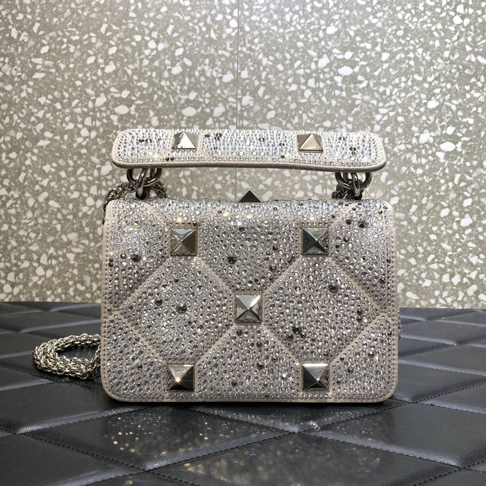 Valentino Small Rhinestones Roman Stud Bag Grey V2299