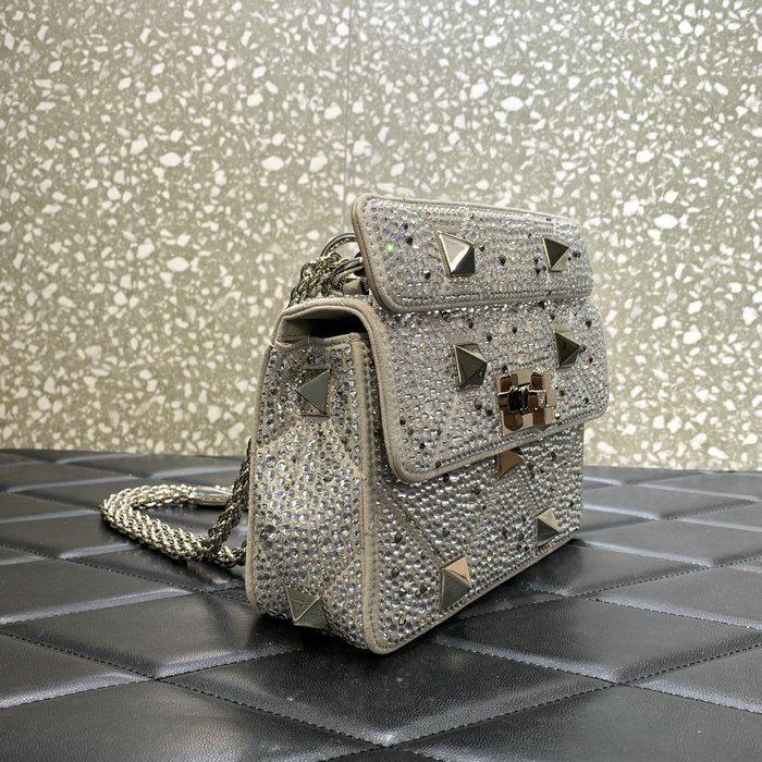 Valentino Small Rhinestones Roman Stud Bag Grey V2299