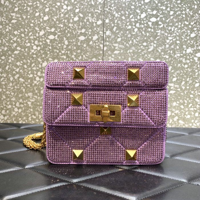 Valentino Small Rhinestones Roman Stud Bag Purple V2299