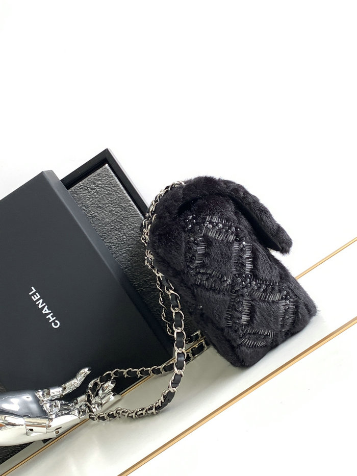 Classic Chanel Wool Medium Flap Bag Black AS6868