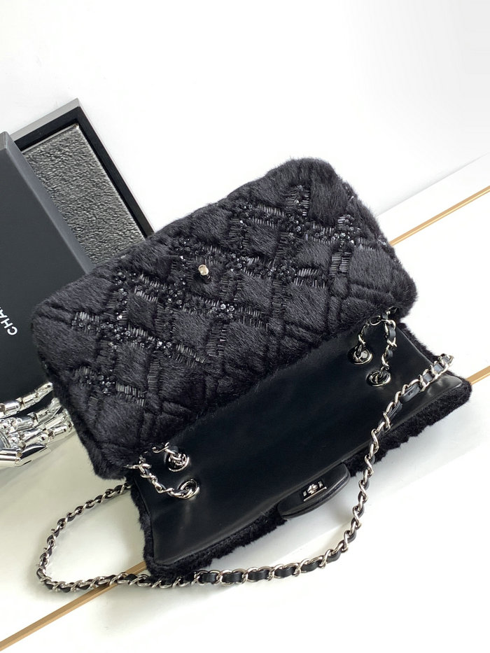 Classic Chanel Wool Medium Flap Bag Black AS6868