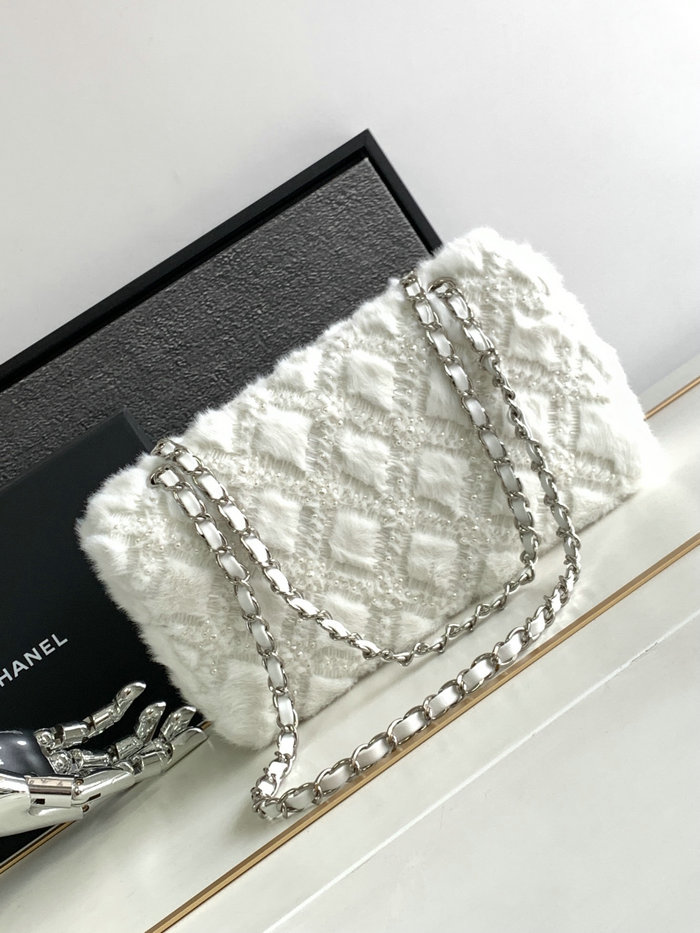 Classic Chanel Wool Medium Flap Bag White AS6868