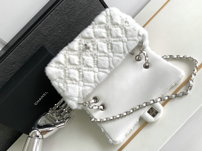 Classic Chanel Wool Medium Flap Bag White AS6868