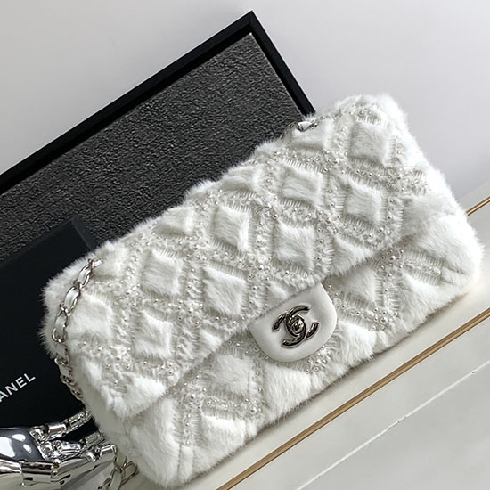 Classic Chanel Wool Medium Flap Bag White AS6868