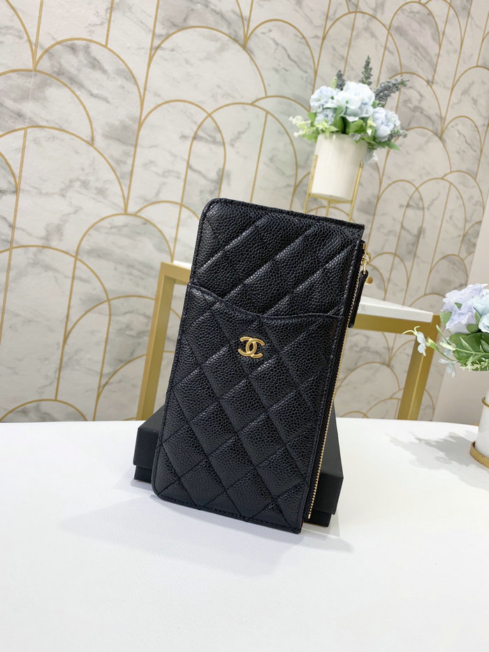 Chanel Caviar Phone Holder Long Zip Wallet Black A84402