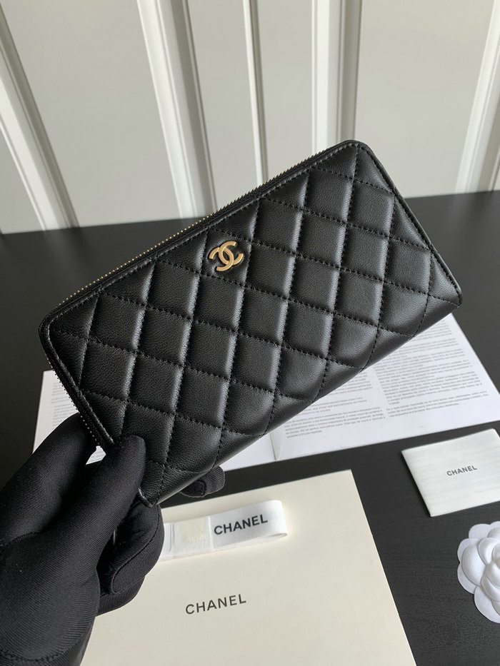 Chanel Lambskin Classic Long Zipped Wallet Black with Gold AP0242