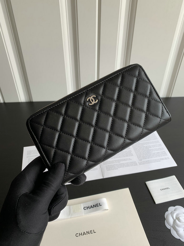 Chanel Lambskin Classic Long Zipped Wallet Black with Silver AP0242