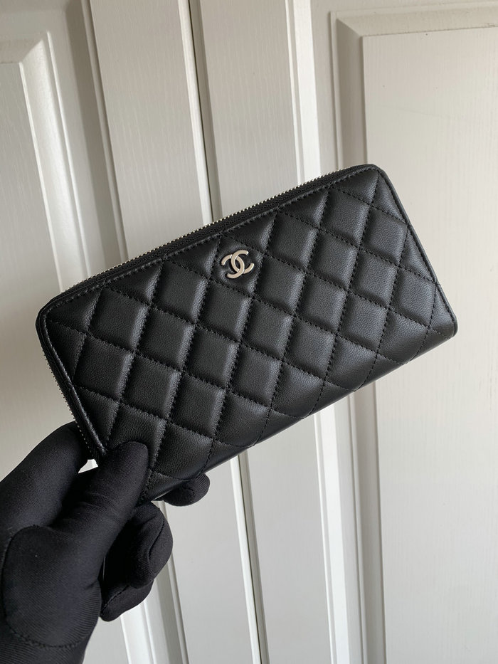 Chanel Lambskin Classic Long Zipped Wallet Black with Silver AP0242