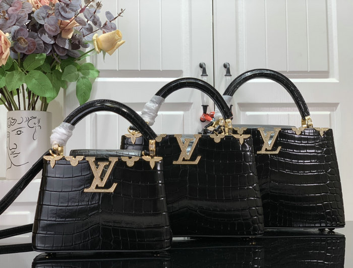 Louis Vuitton Embossed Crocodile Capucines BB Black with Gold N48865