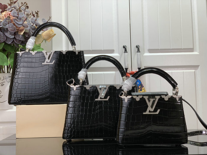 Louis Vuitton Embossed Crocodile Capucines BB Black with Silver N48865