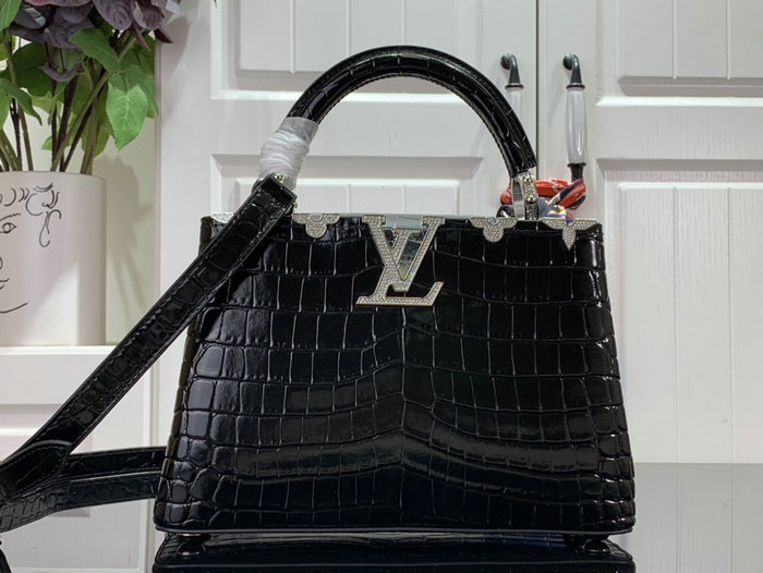 Louis Vuitton Embossed Crocodile Capucines BB Black with Silver N48865