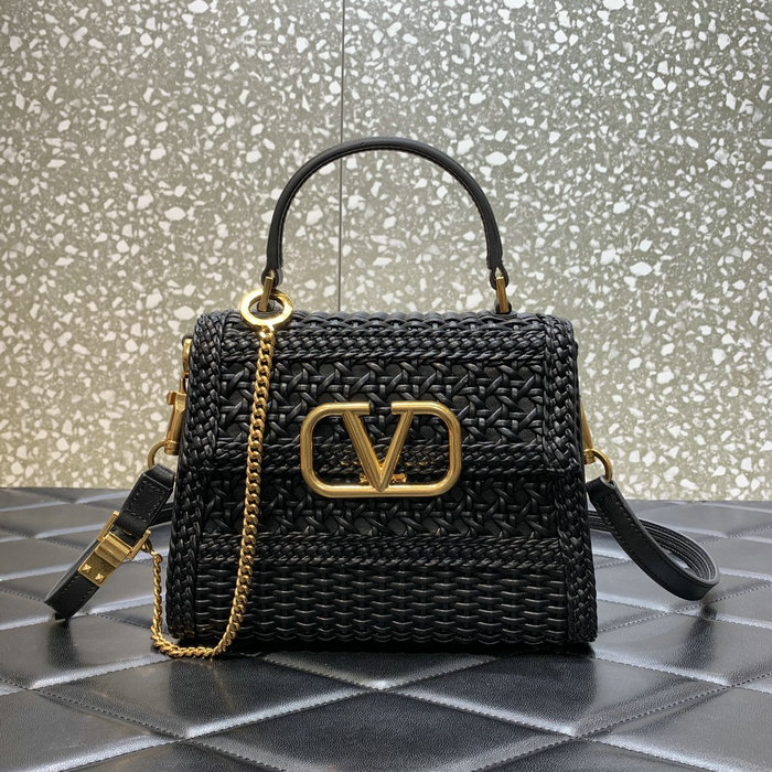 Valentino Small Vsling Handbag In Black Woven Metallic Nappa V0069