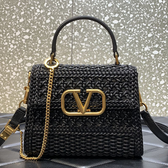 Valentino Small Vsling Handbag In Black Woven Metallic Nappa V0069