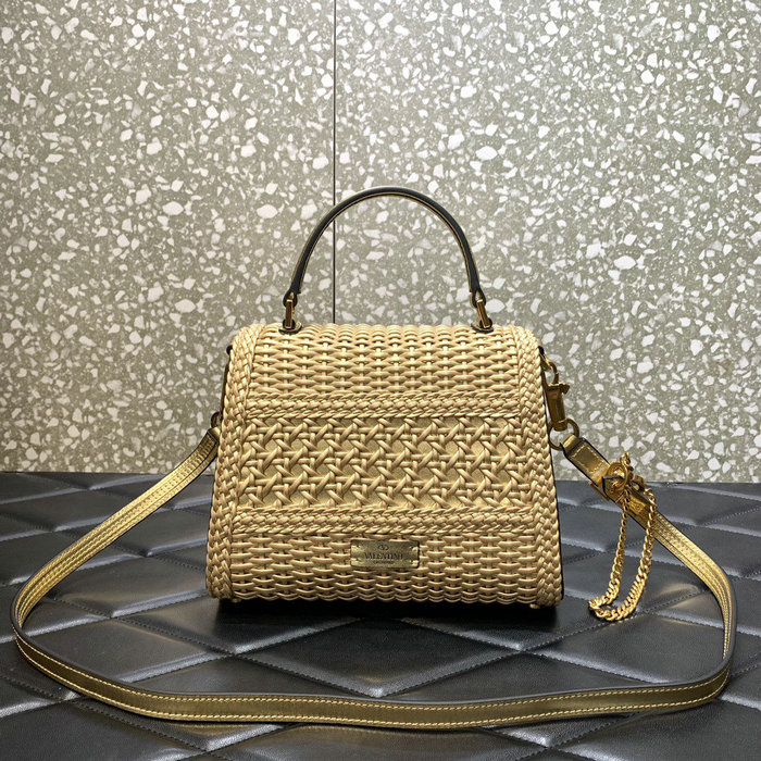 Valentino Small Vsling Handbag In Gold Woven Metallic Nappa V0069