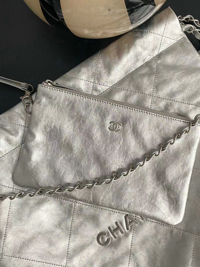 Chanel Shiny Calfskin Handbag Silver AS3261