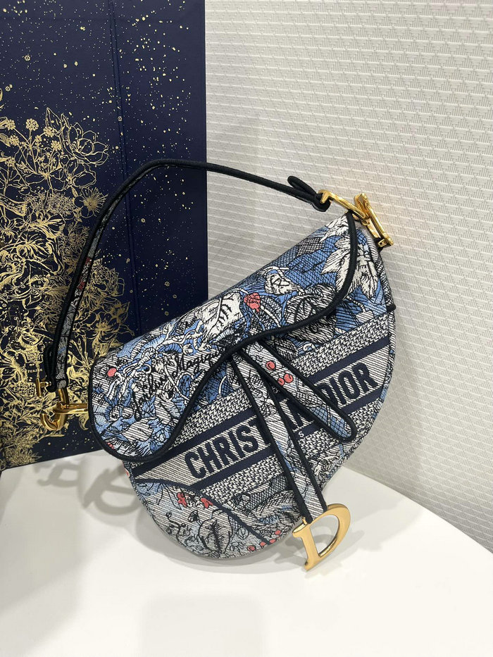 Dior Embroidered Canvas Saddle Bag Blue DB04151