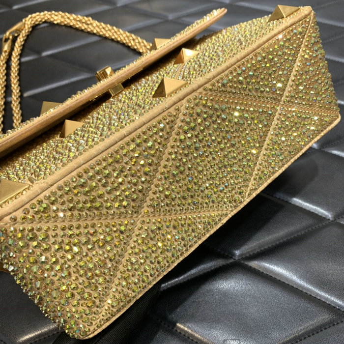 Valentino Medium Rhinestones Roman Stud Bag Gold V0082