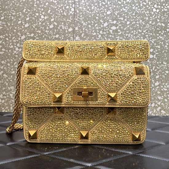 Valentino Medium Rhinestones Roman Stud Bag Gold V0082