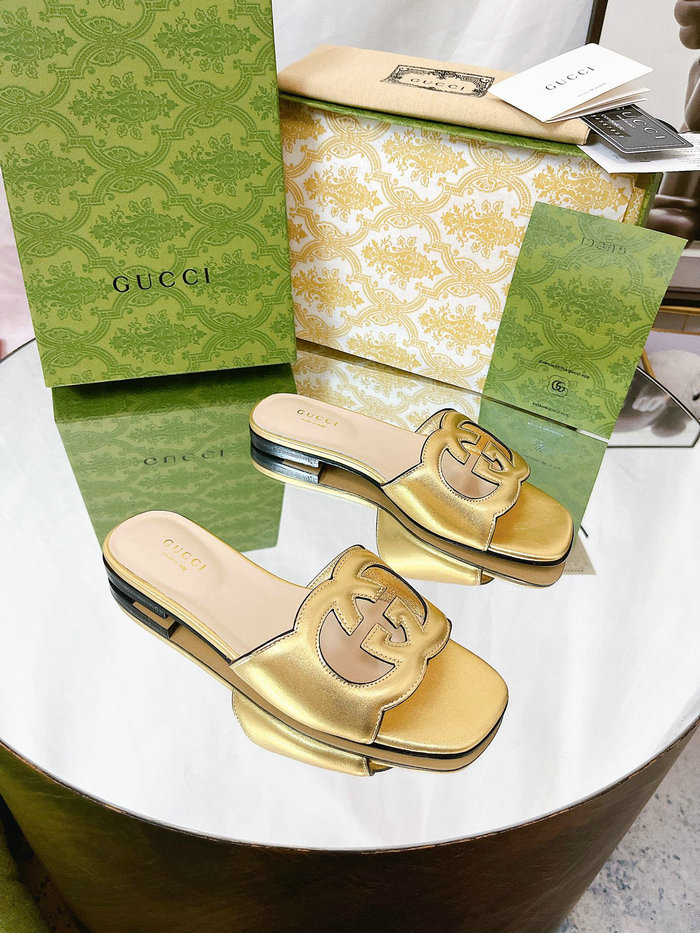 Gucci Cut Leather Interlocking G Sandals Gold SNG051402