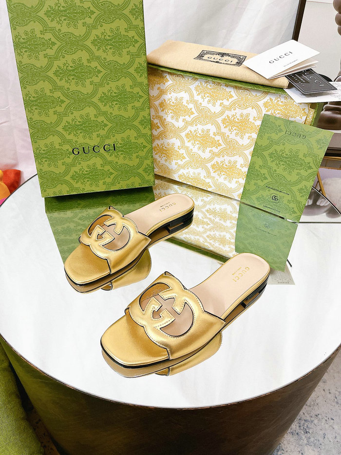 Gucci Cut Leather Interlocking G Sandals Gold SNG051402