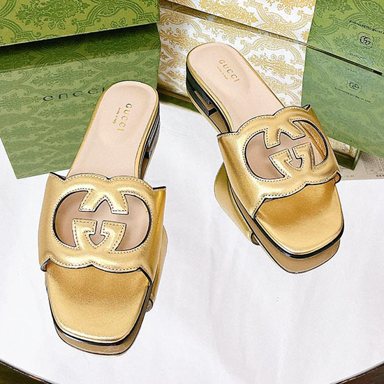 Gucci Cut Leather Interlocking G Sandals Gold SNG051402