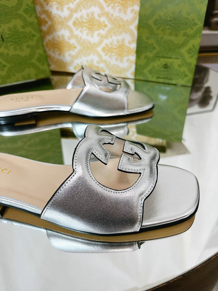 Gucci Cut Leather Interlocking G Sandals Silver SNG051402