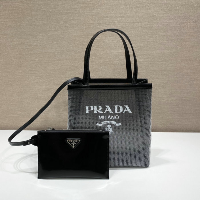 Prada Small sequined mesh tote bag Black 1BG417