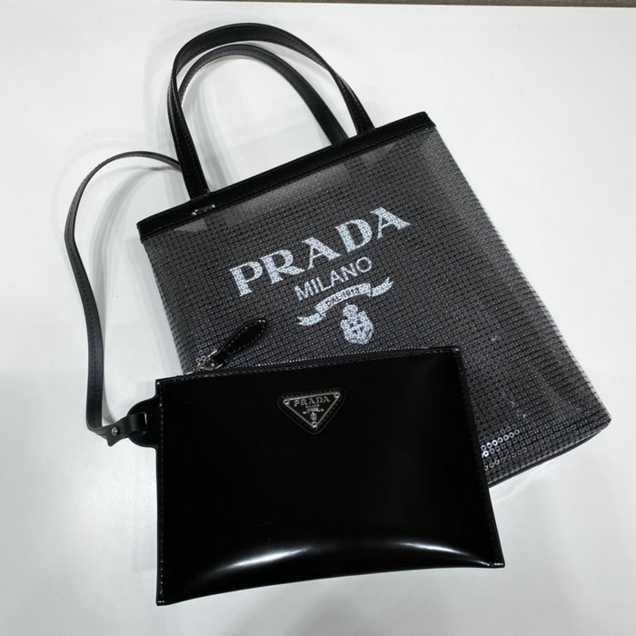 Prada Small sequined mesh tote bag Black 1BG417