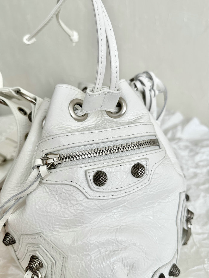 BALENCIAGA Le Cagole XS Leather Bucket Bag White B702431