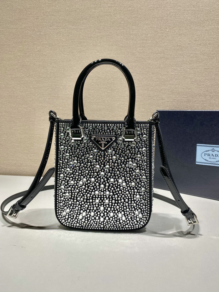 Prada Small satin tote bag with crystals Black 1BA331