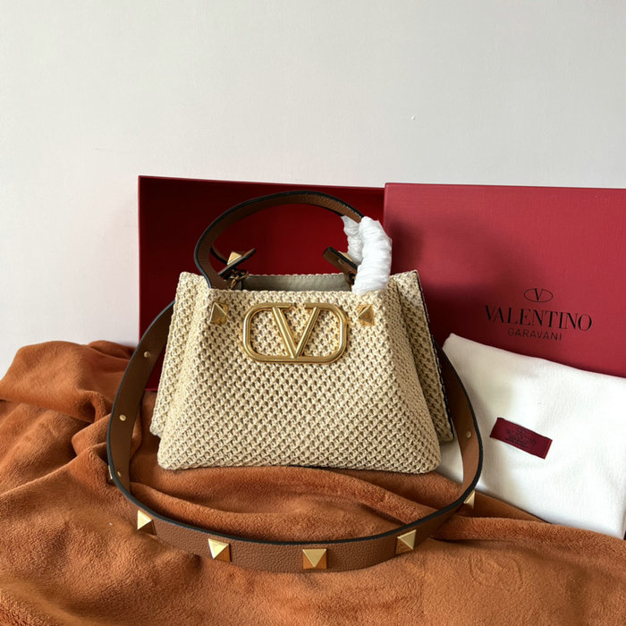 Valentino Garavani Small VLOGO Raffia Tote Bag Beige V0099S