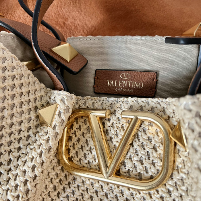 Valentino Garavani Small VLOGO Raffia Tote Bag Beige V0099S