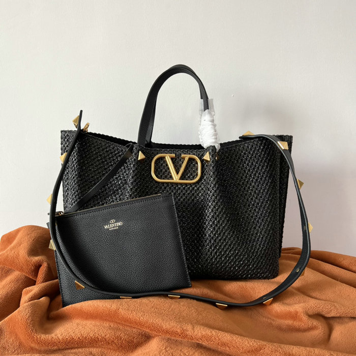 Valentino Garavani Medium VLOGO Raffia Tote Bag Black V0099L
