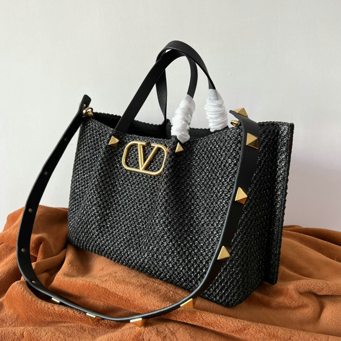 Valentino Garavani Medium VLOGO Raffia Tote Bag Black V0099L