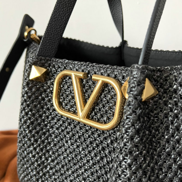 Valentino Garavani Medium VLOGO Raffia Tote Bag Black V0099L