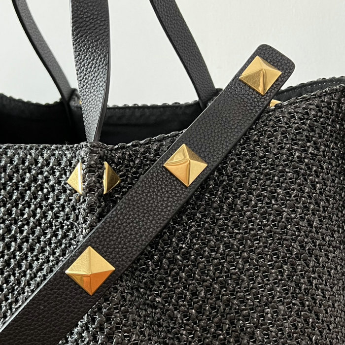 Valentino Garavani Medium VLOGO Raffia Tote Bag Black V0099L