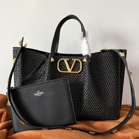 Valentino Garavani Medium VLOGO Raffia Tote Bag Black V0099L