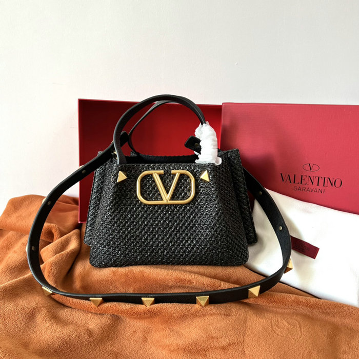Valentino Garavani Small VLOGO Raffia Tote Bag Black V0099S