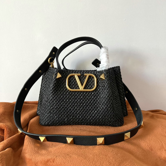 Valentino Garavani Small VLOGO Raffia Tote Bag Black V0099S