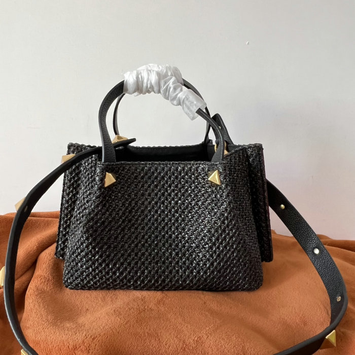 Valentino Garavani Small VLOGO Raffia Tote Bag Black V0099S