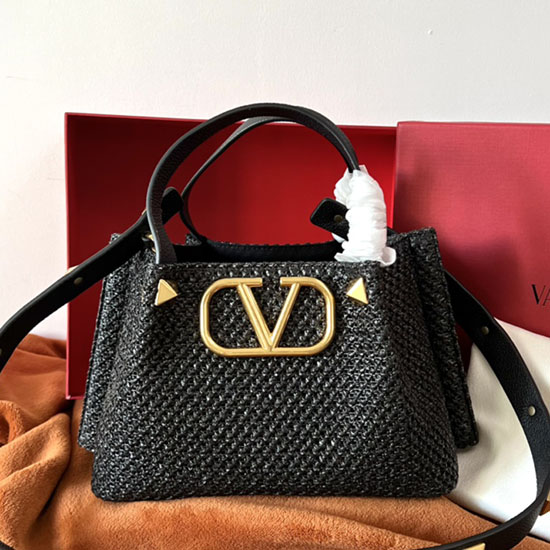 Valentino Garavani Small VLOGO Raffia Tote Bag Black V0099S