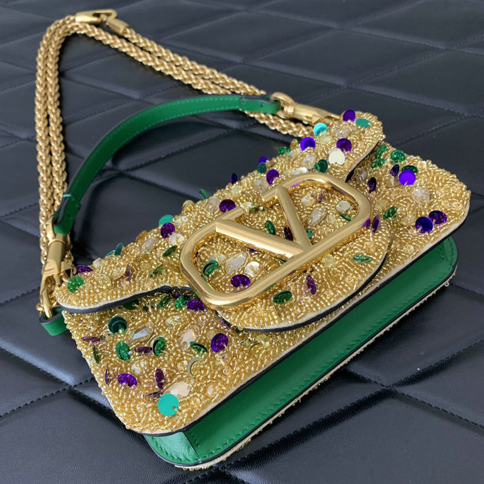 Valentino Small Loco Shoulder Bag With 3D Embroidery Gold V5035