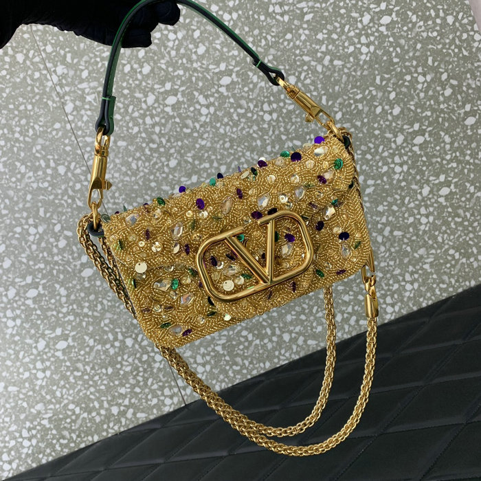 Valentino Small Loco Shoulder Bag With 3D Embroidery Gold V5035