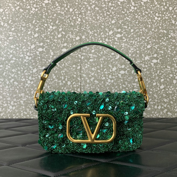 Valentino Small Loco Shoulder Bag With 3D Embroidery Green V5035