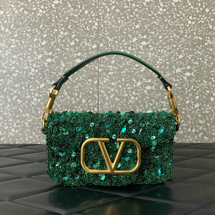 Valentino Small Loco Shoulder Bag With 3D Embroidery Green V5035