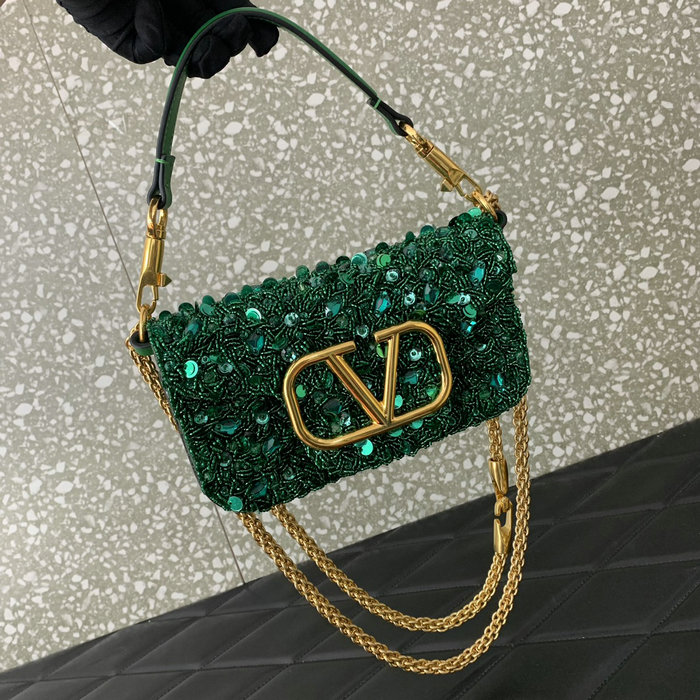 Valentino Small Loco Shoulder Bag With 3D Embroidery Green V5035