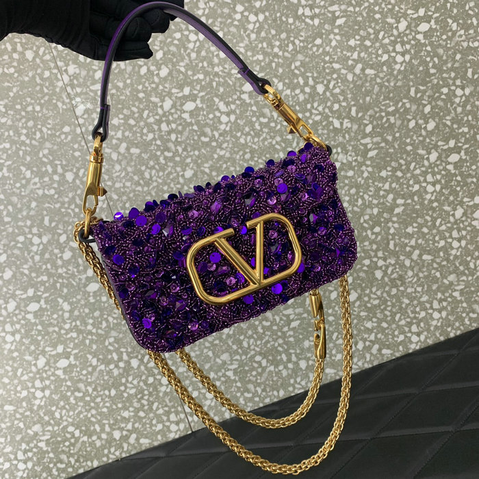 Valentino Small Loco Shoulder Bag With 3D Embroidery Purple V5035