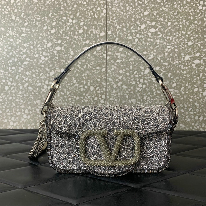 Valentino Small Loco Shoulder Bag With 3D Embroidery Silver V5039