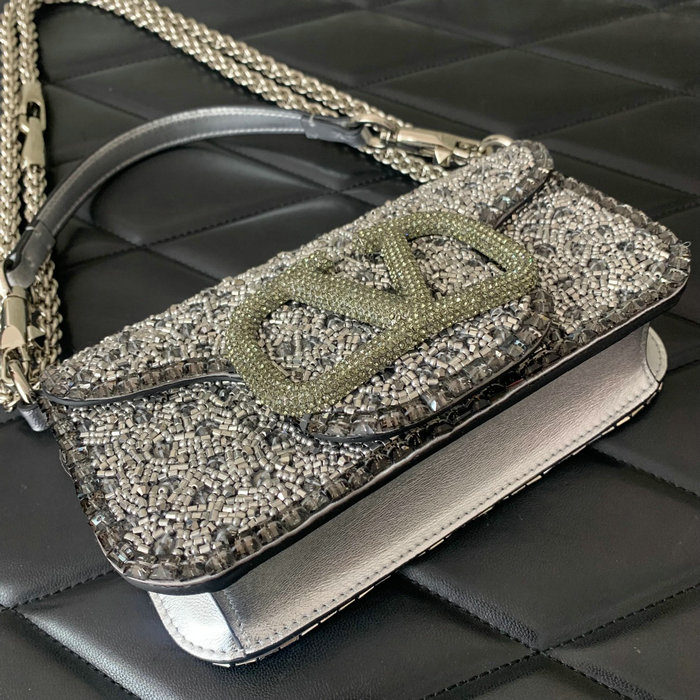 Valentino Small Loco Shoulder Bag With 3D Embroidery Silver V5039